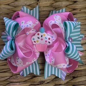 NWT Pink and Teal Cupcake Hair Bow Handmade 5 inches wide Bow with Alligator